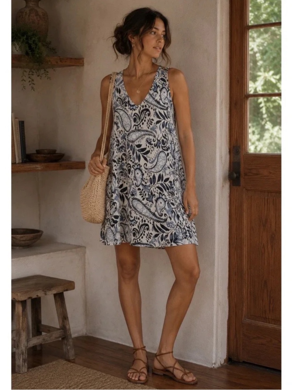 Lucky Brand 100% Linen Sleeveless Mini Shift Dress Small Blue White Paisley